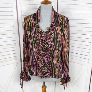 Violet & Claire Retro Print Heart Petal Ruffle Blouse‎ Black Multi Large